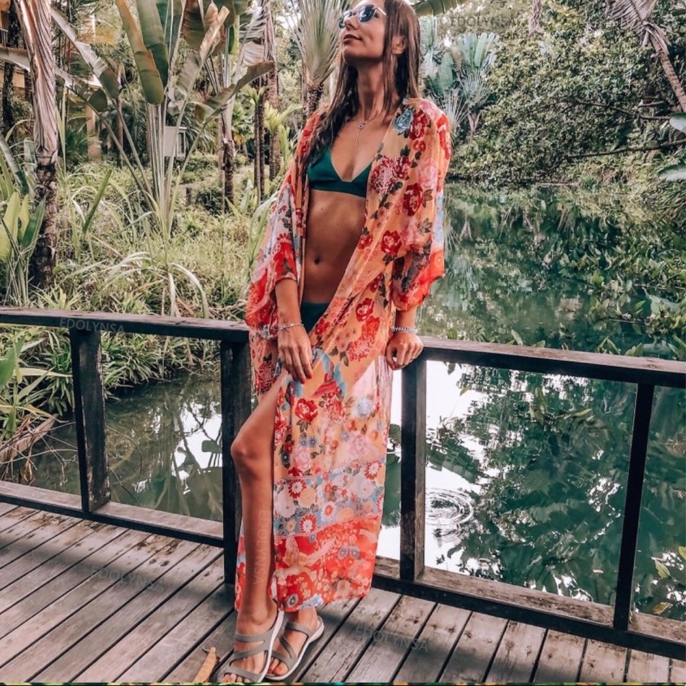 Source Unknown Floral Sheer Kimono Cover-Up - Red, Blue, Green